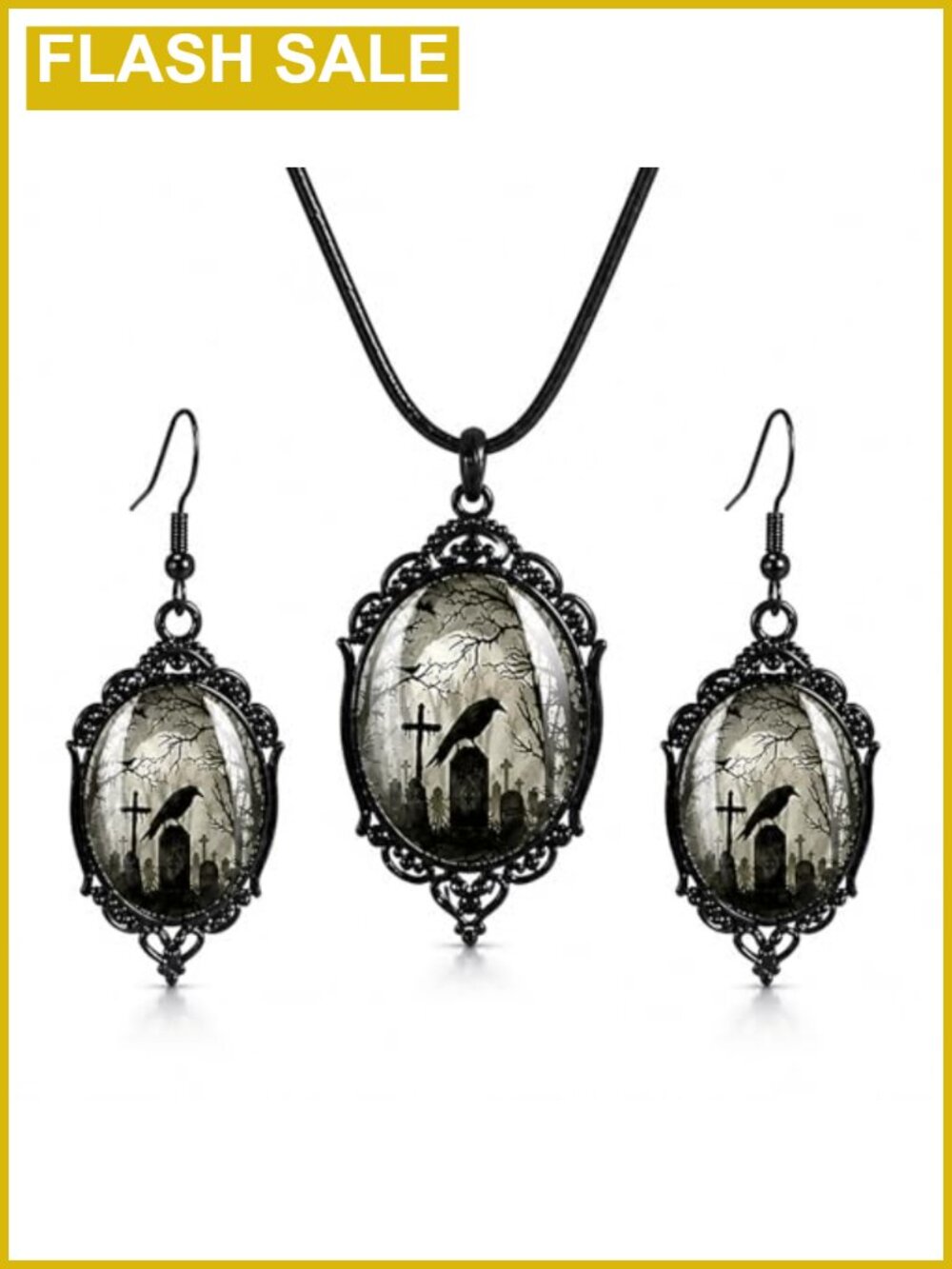 Gothic Raven Necklace Earrings Set 3Pc Halloween Costume Jewelry Alloy Steel